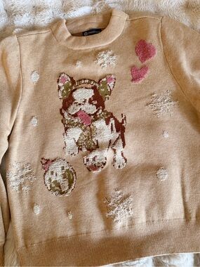 Democracy Cream Sweater with Puppy and Pink Heart Details